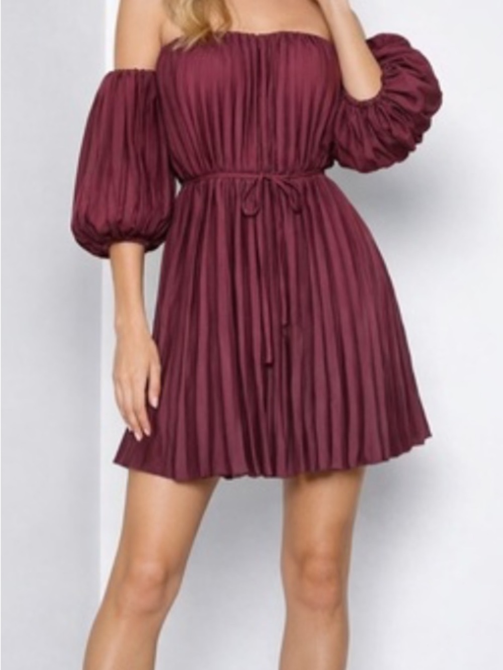 Express Off-Shoulder Pleated Wine Mini Dress